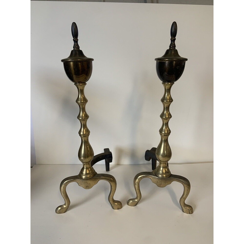 Vintage Brass & Cast Iron Fireplace Andirons - Firedogs - Log Holders